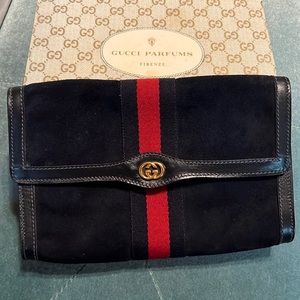 Vintage 80’s GUCCI parfums Sherry Line clutch navy bag purse pouch made in Italy
